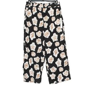 NWT Nicole Miller Pants Linen Shells Beach Coastal Tropical Resort Black Large